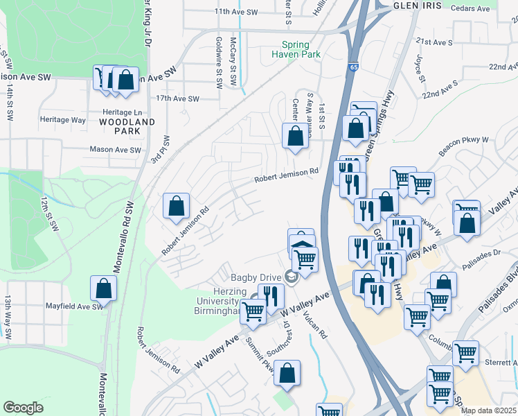 map of restaurants, bars, coffee shops, grocery stores, and more near Skyview Drive in Birmingham
