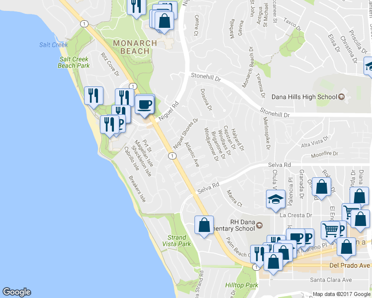 map of restaurants, bars, coffee shops, grocery stores, and more near 23822 Ionian Bay in Dana Point