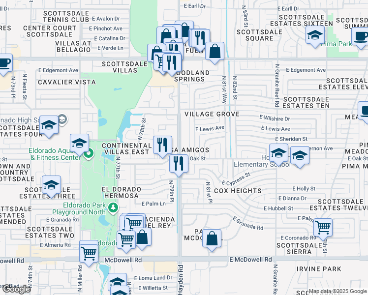 map of restaurants, bars, coffee shops, grocery stores, and more near 2318 North Hayden Road in Scottsdale
