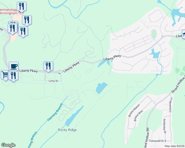 map of restaurants, bars, coffee shops, grocery stores, and more near 13061 Liberty Parkway in Vestavia Hills