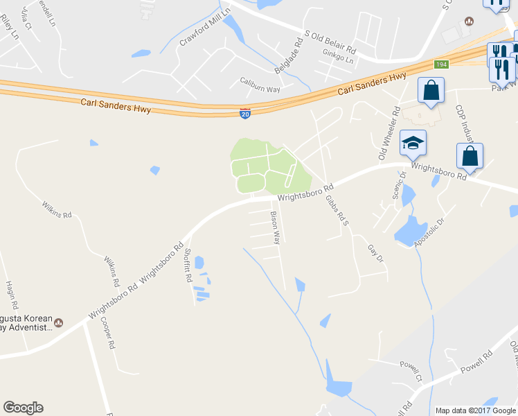 map of restaurants, bars, coffee shops, grocery stores, and more near 1416 Anna Way in Grovetown