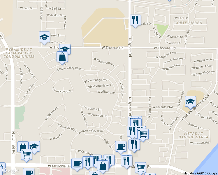 map of restaurants, bars, coffee shops, grocery stores, and more near 13223 West Virginia Avenue in Goodyear