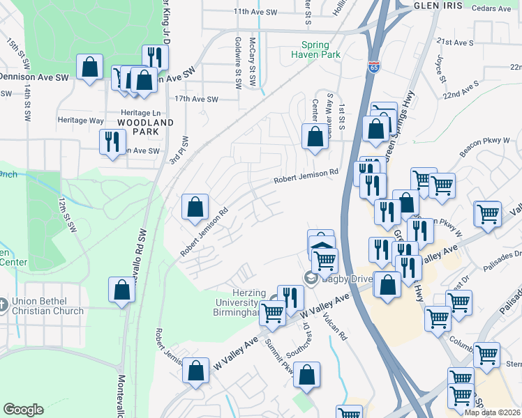 map of restaurants, bars, coffee shops, grocery stores, and more near 414 Skyview Drive in Birmingham