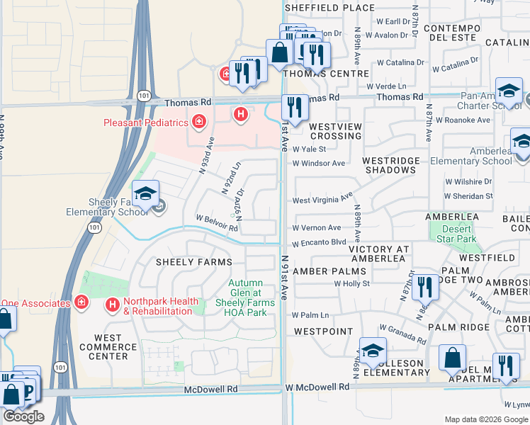 map of restaurants, bars, coffee shops, grocery stores, and more near 2213 North 91st Glen in Phoenix