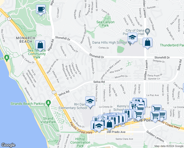 map of restaurants, bars, coffee shops, grocery stores, and more near 33681 Marlinspike Drive in Dana Point