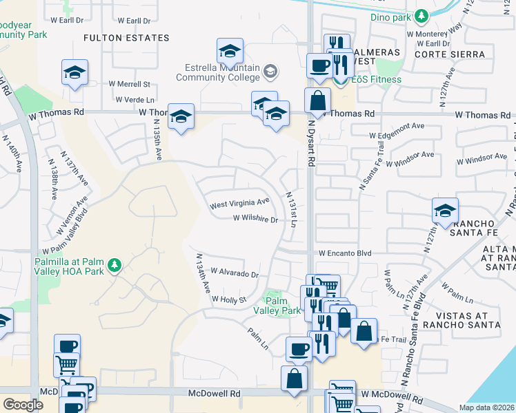 map of restaurants, bars, coffee shops, grocery stores, and more near 13223 Virginia Avenue in Goodyear