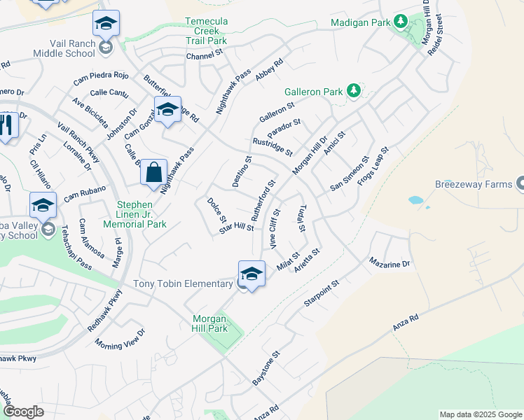 map of restaurants, bars, coffee shops, grocery stores, and more near 44890 Rutherford Street in Temecula