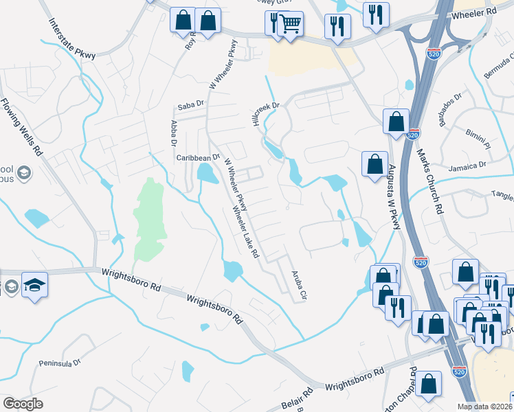 map of restaurants, bars, coffee shops, grocery stores, and more near 7120 Belize Drive in Augusta