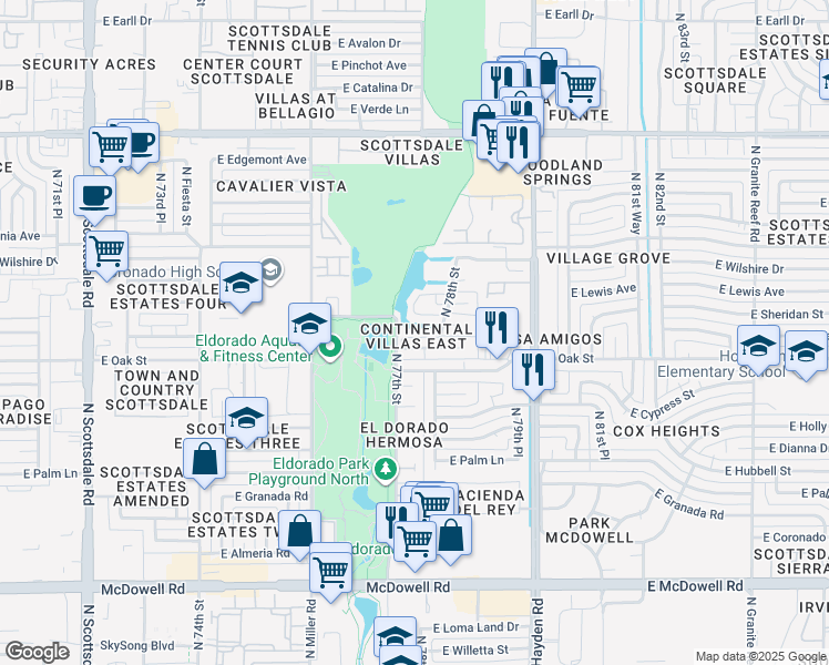 map of restaurants, bars, coffee shops, grocery stores, and more near 7715 East Vernon Avenue in Scottsdale