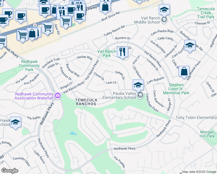 map of restaurants, bars, coffee shops, grocery stores, and more near 32908 Freesia Way in Temecula