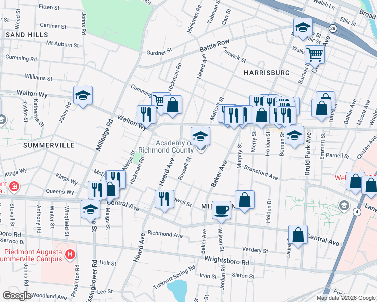 map of restaurants, bars, coffee shops, grocery stores, and more near 923 1/2 Russell Street in Augusta