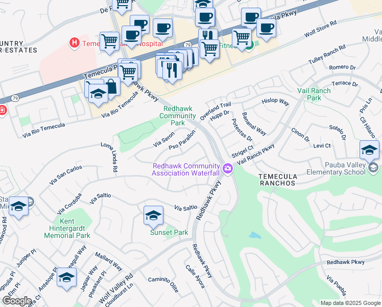 map of restaurants, bars, coffee shops, grocery stores, and more near 32197 Camino Guarda in Temecula