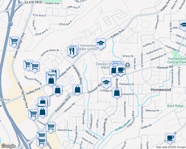map of restaurants, bars, coffee shops, grocery stores, and more near 213 Edgeview Avenue in Birmingham