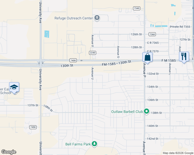 map of restaurants, bars, coffee shops, grocery stores, and more near 136th Street in Lubbock