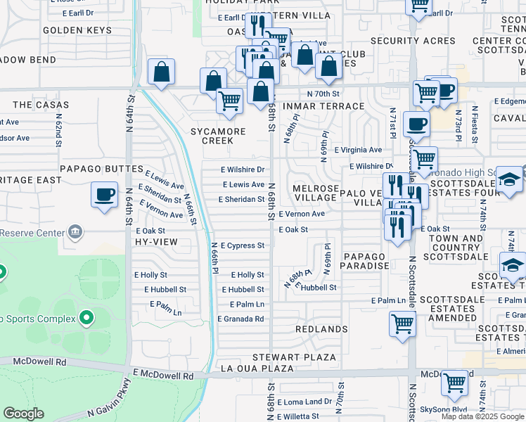map of restaurants, bars, coffee shops, grocery stores, and more near 6726 East Vernon Avenue in Scottsdale