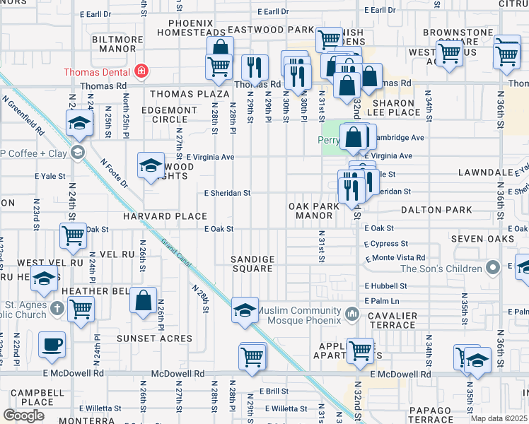 map of restaurants, bars, coffee shops, grocery stores, and more near 2324 North 29th Place in Phoenix