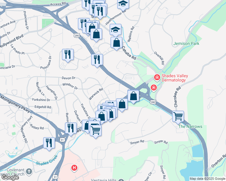 map of restaurants, bars, coffee shops, grocery stores, and more near 710 Briscoe Road in Birmingham
