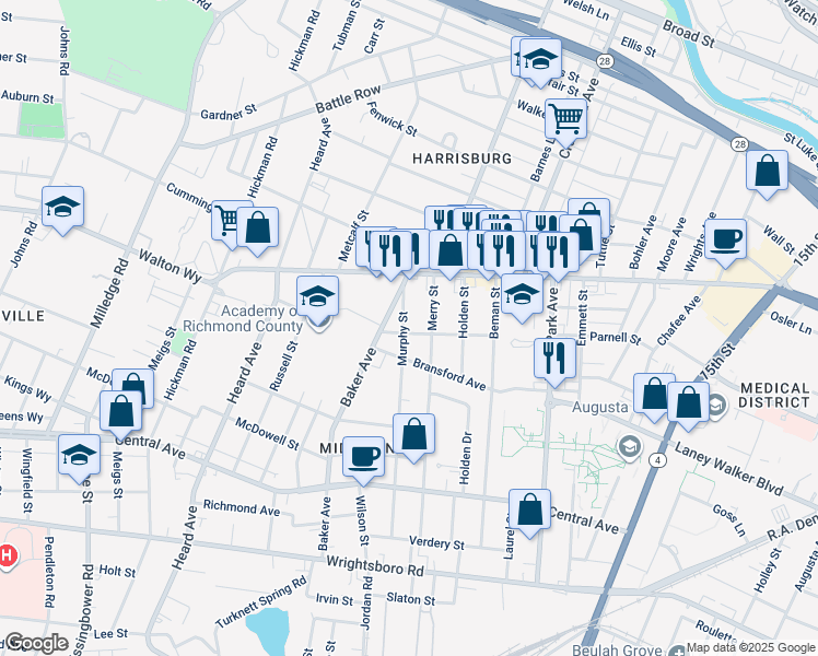 map of restaurants, bars, coffee shops, grocery stores, and more near 944 Murphy Street in Augusta