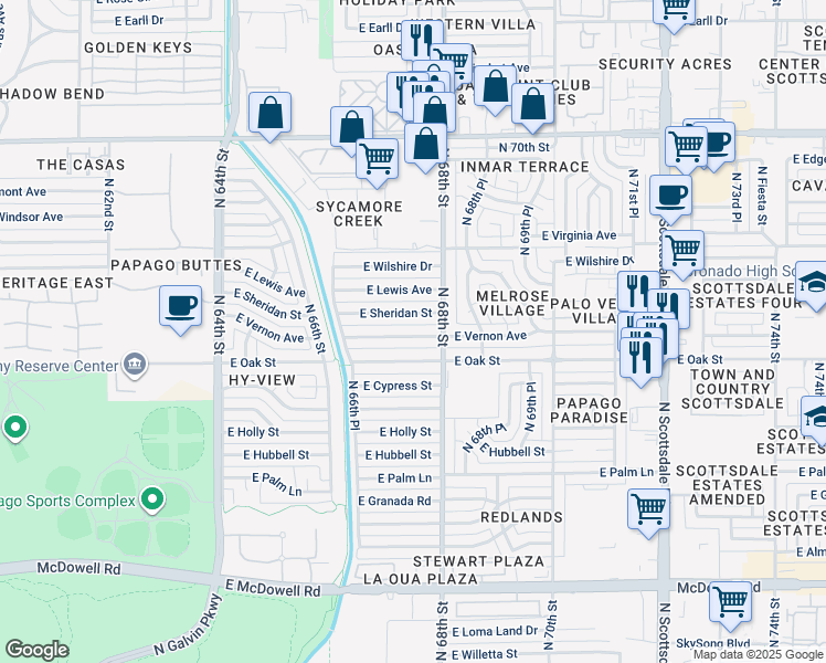 map of restaurants, bars, coffee shops, grocery stores, and more near 6726 East Vernon Avenue in Scottsdale