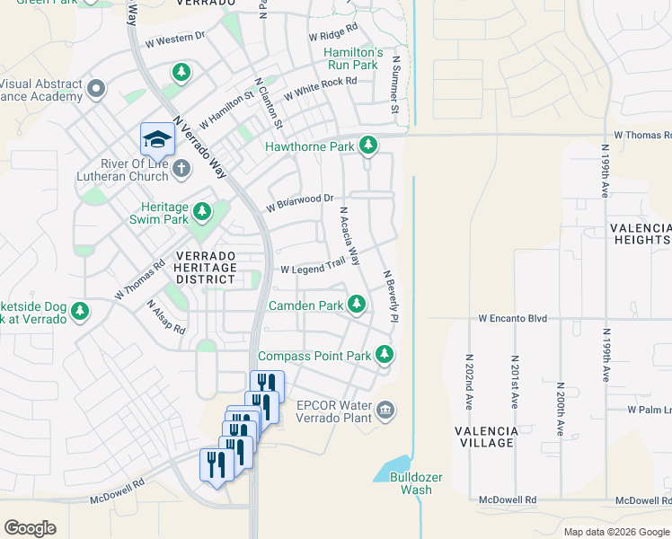 map of restaurants, bars, coffee shops, grocery stores, and more near 20467 West Legend Trail in Buckeye