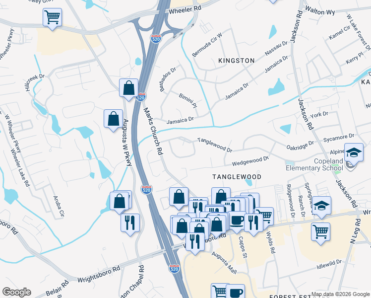 map of restaurants, bars, coffee shops, grocery stores, and more near 1404 Springfield Court in Augusta