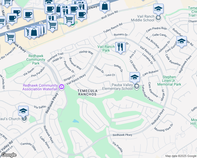 map of restaurants, bars, coffee shops, grocery stores, and more near 32887 Levi Court in Temecula