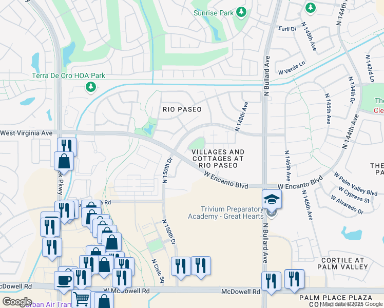 map of restaurants, bars, coffee shops, grocery stores, and more near 14967 West Wilshire Drive in Goodyear