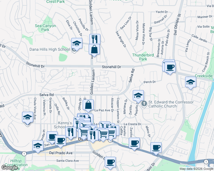 map of restaurants, bars, coffee shops, grocery stores, and more near 24852 Sea Crest Drive in Dana Point