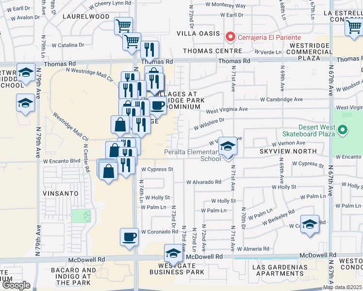 map of restaurants, bars, coffee shops, grocery stores, and more near 2355 North 73rd Drive in Phoenix