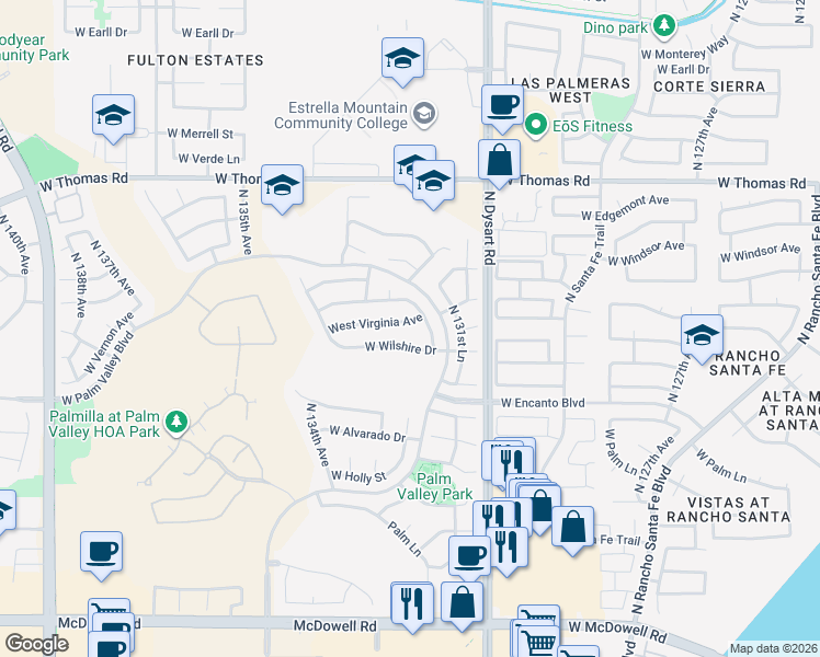 map of restaurants, bars, coffee shops, grocery stores, and more near 13223 West Virginia Avenue in Goodyear