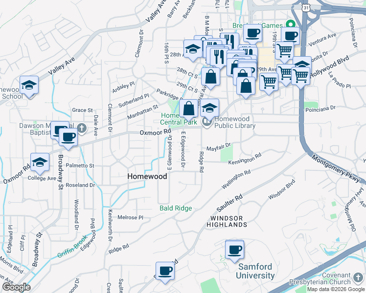map of restaurants, bars, coffee shops, grocery stores, and more near East Edgewood Drive in Birmingham