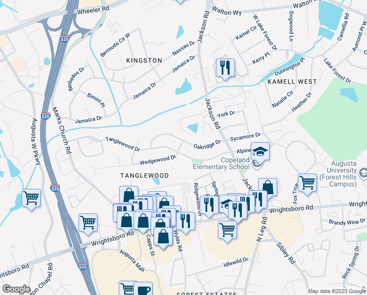 map of restaurants, bars, coffee shops, grocery stores, and more near 1416 Wedgewood Drive in Augusta
