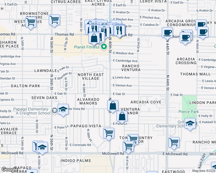 map of restaurants, bars, coffee shops, grocery stores, and more near 2324 North 40th Street in Phoenix