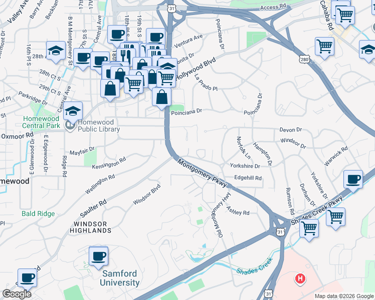map of restaurants, bars, coffee shops, grocery stores, and more near 1109 Hollywood Manor Circle in Homewood
