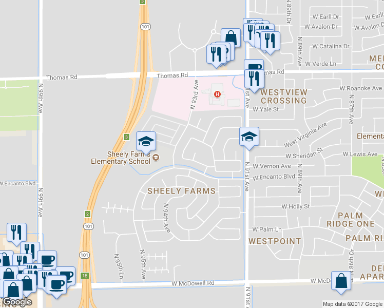 map of restaurants, bars, coffee shops, grocery stores, and more near 2210 North 92nd Glen in Phoenix