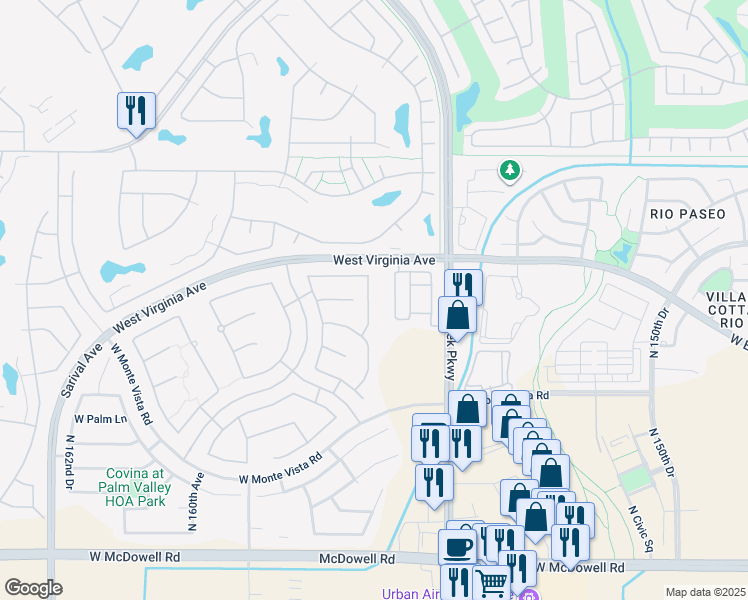 map of restaurants, bars, coffee shops, grocery stores, and more near 2415 North 156th Drive in Goodyear