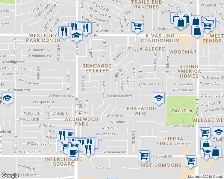 map of restaurants, bars, coffee shops, grocery stores, and more near 2319 N 48th Ln in Phoenix