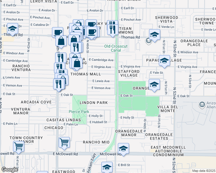 map of restaurants, bars, coffee shops, grocery stores, and more near 4714 East Vernon Avenue in Phoenix