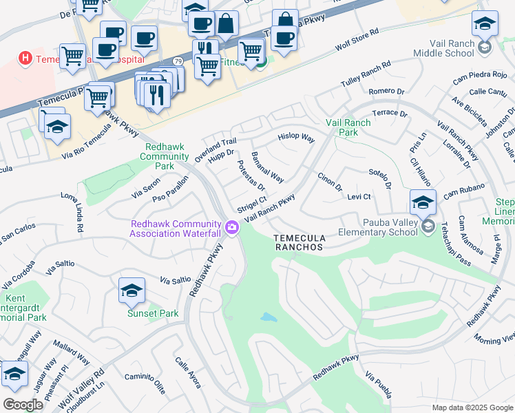 map of restaurants, bars, coffee shops, grocery stores, and more near 32539 Strigel Court in Temecula