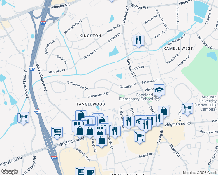 map of restaurants, bars, coffee shops, grocery stores, and more near 1416 Wedgewood Drive in Augusta