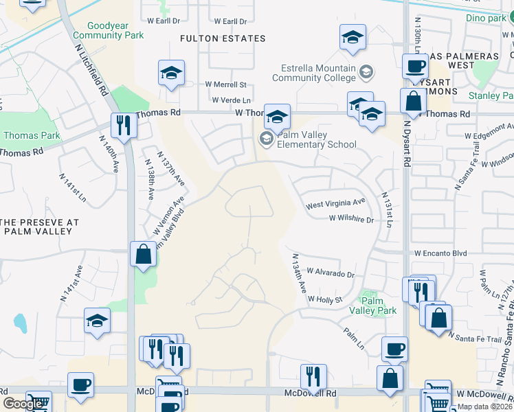 map of restaurants, bars, coffee shops, grocery stores, and more near 2489 North 135th Drive in Goodyear