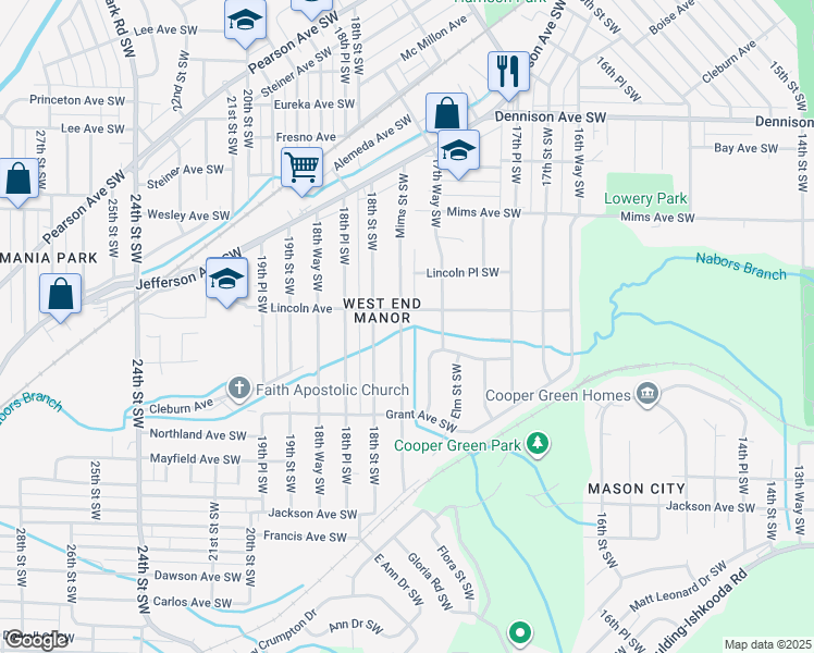 map of restaurants, bars, coffee shops, grocery stores, and more near 1413 Mims Street Southwest in Birmingham