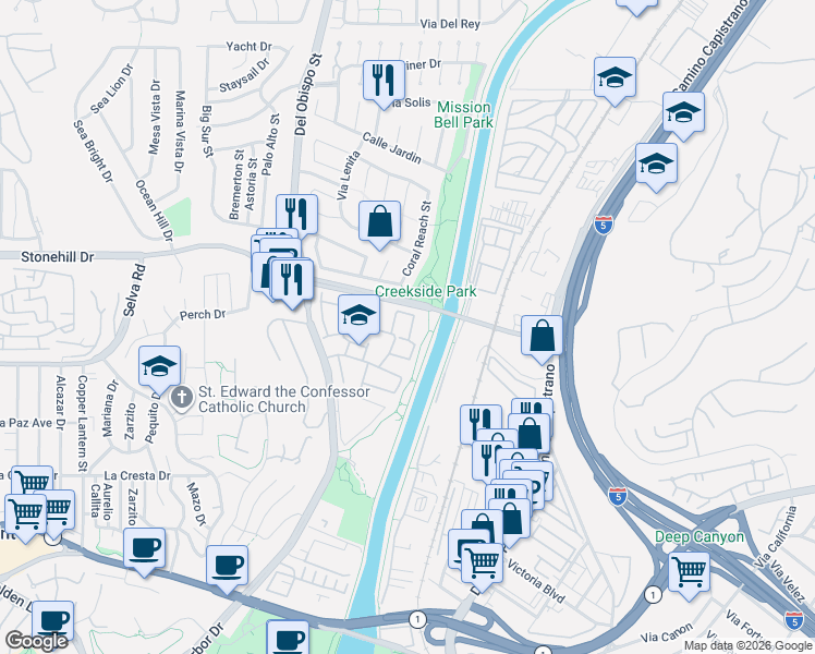 map of restaurants, bars, coffee shops, grocery stores, and more near 33665 Scottys Cove Drive in Dana Point