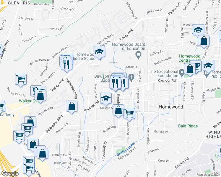 map of restaurants, bars, coffee shops, grocery stores, and more near 909 Stuart Street in Birmingham
