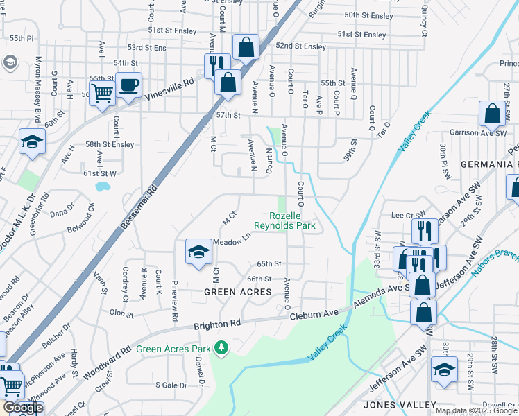 map of restaurants, bars, coffee shops, grocery stores, and more near 1404 Montview Road in Birmingham