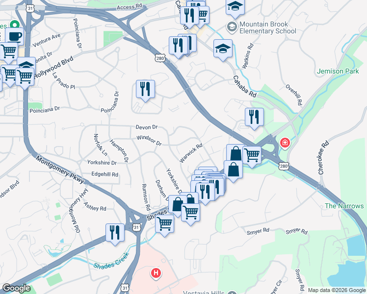 map of restaurants, bars, coffee shops, grocery stores, and more near 507 Windsor Dr in Birmingham