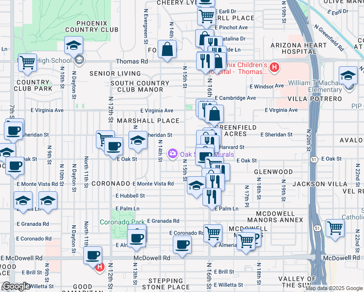 map of restaurants, bars, coffee shops, grocery stores, and more near 2402 North 15th Street in Phoenix