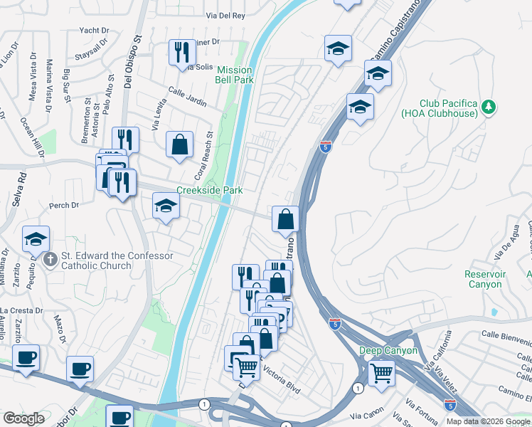 map of restaurants, bars, coffee shops, grocery stores, and more near Stonehill Drive in San Juan Capistrano