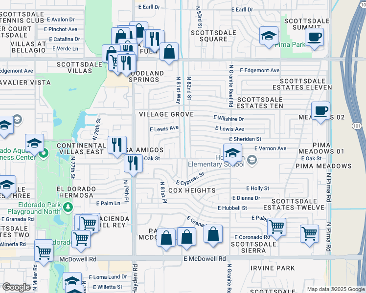 map of restaurants, bars, coffee shops, grocery stores, and more near 2323 North 81st Way in Scottsdale