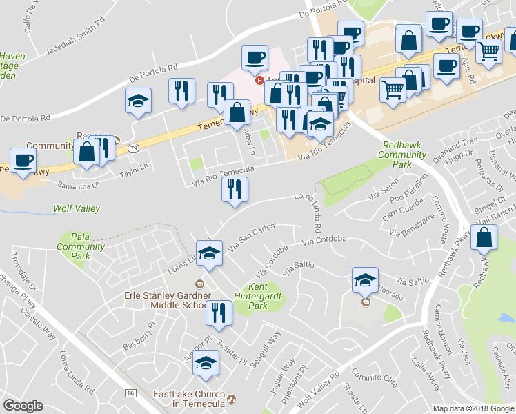map of restaurants, bars, coffee shops, grocery stores, and more near 31607 Loma Linda Road in Temecula